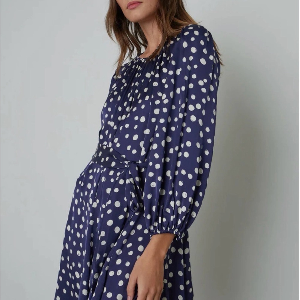 Velvet by Graham & Spencer | Kenia Waist Tie Navy Polka Dot Dress | Sz M